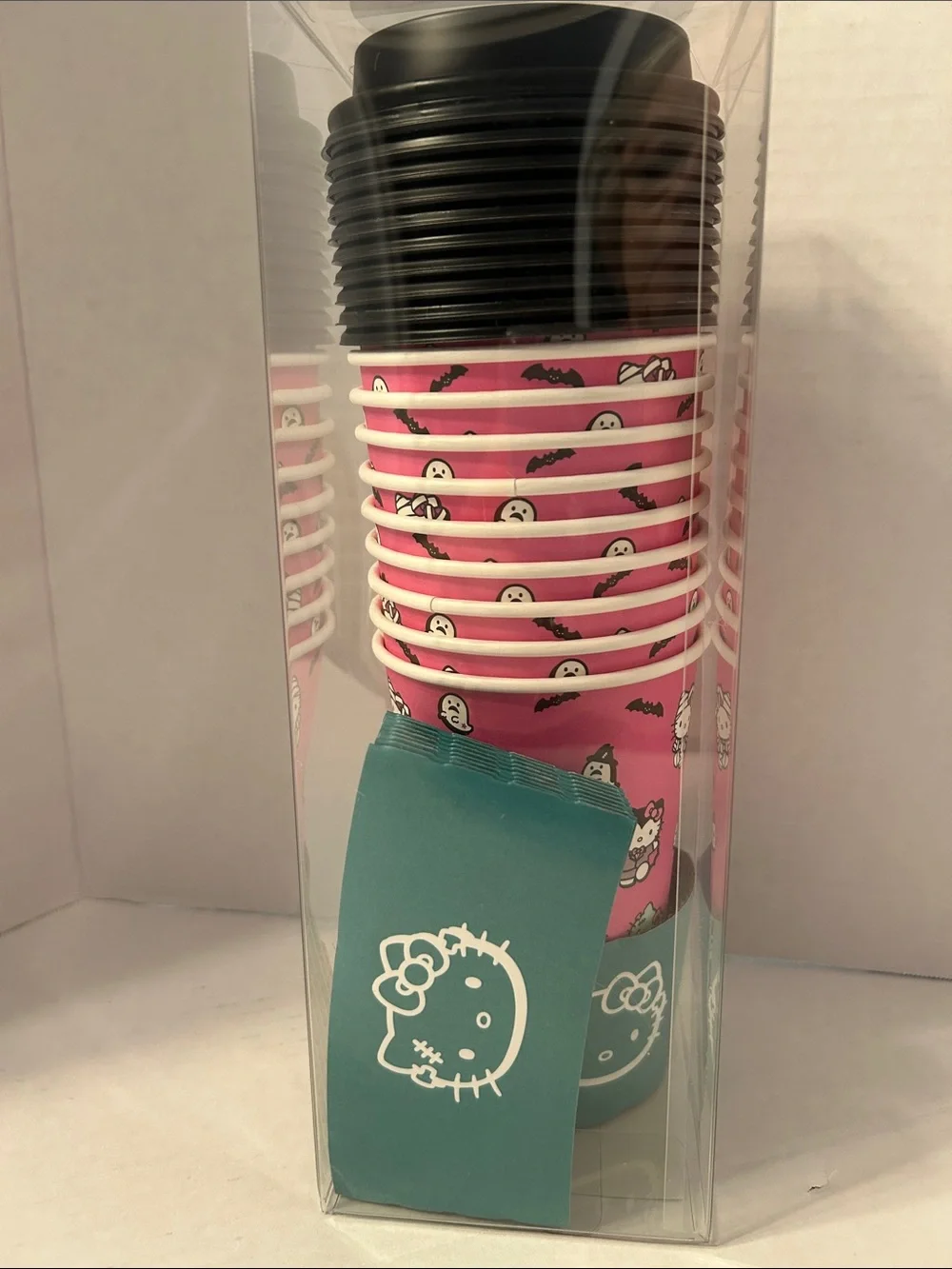 Hello Kitty Pink and Black Halloween Hot Cup Set. 10 cups with lids.